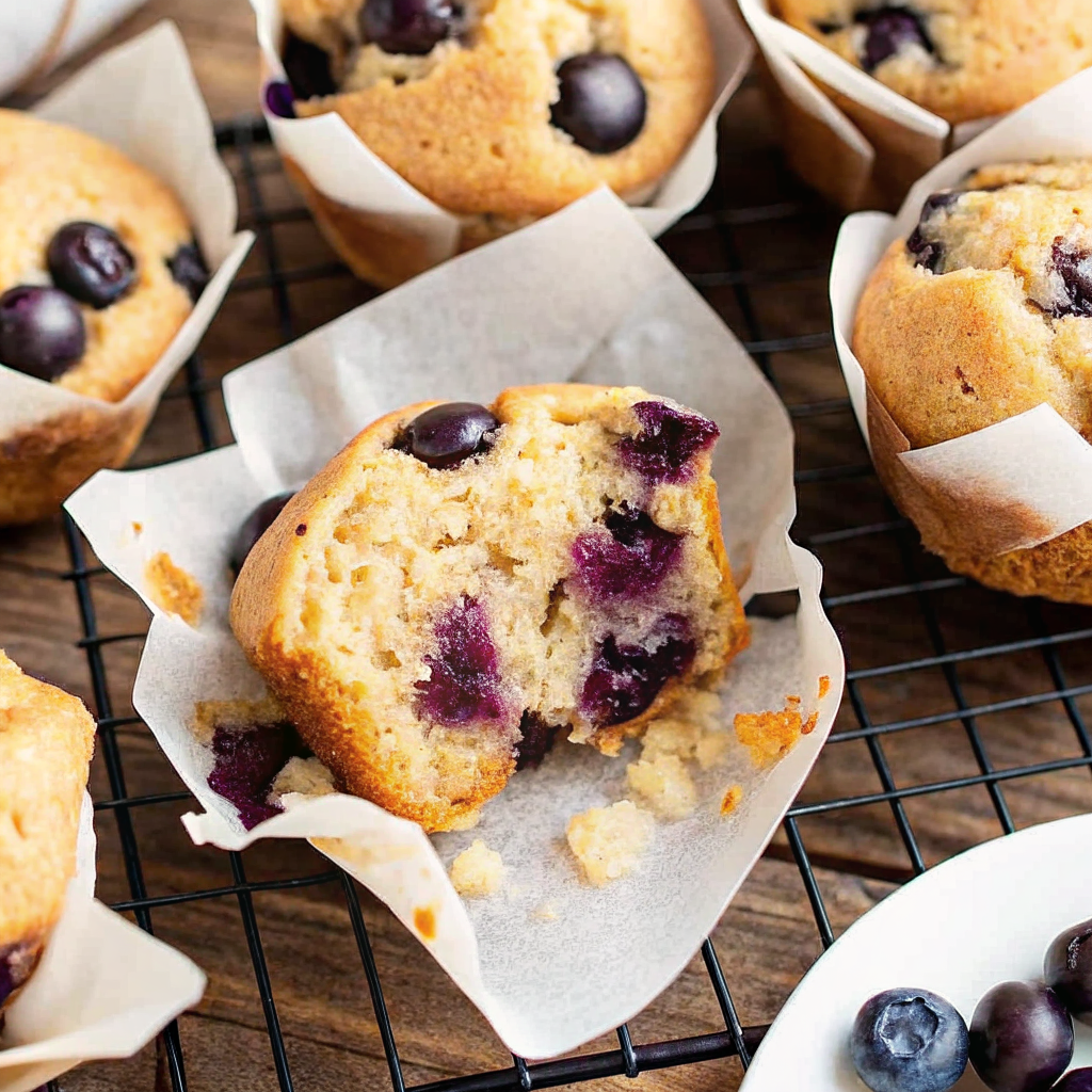 A close-up of golden-brown gluten-free sourdough discard blueberry muffins on a cooling rack, showing a moist and crumbly texture with fresh blueberries