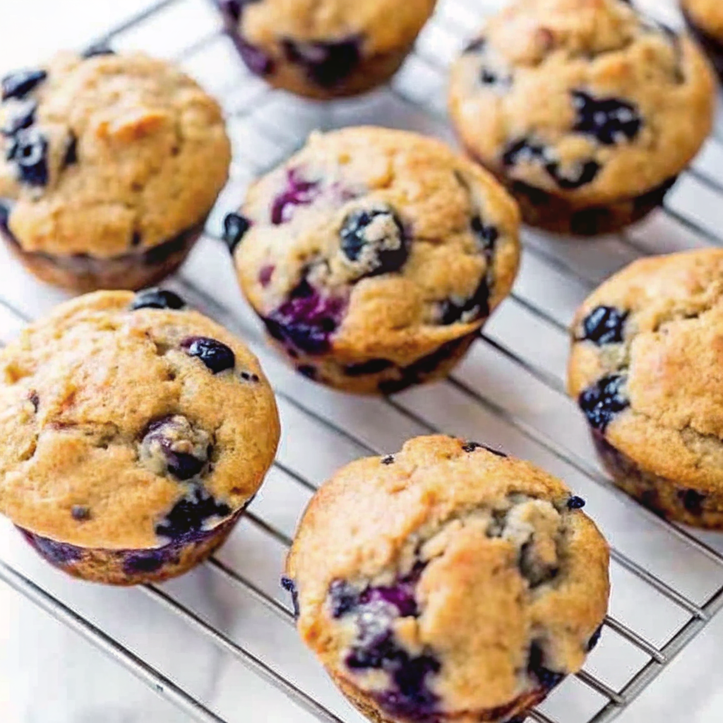 Golden-brown gluten-free sourdough discard blueberry muffins on a cooling rack, with plump blueberries and a soft, crumbly texture
