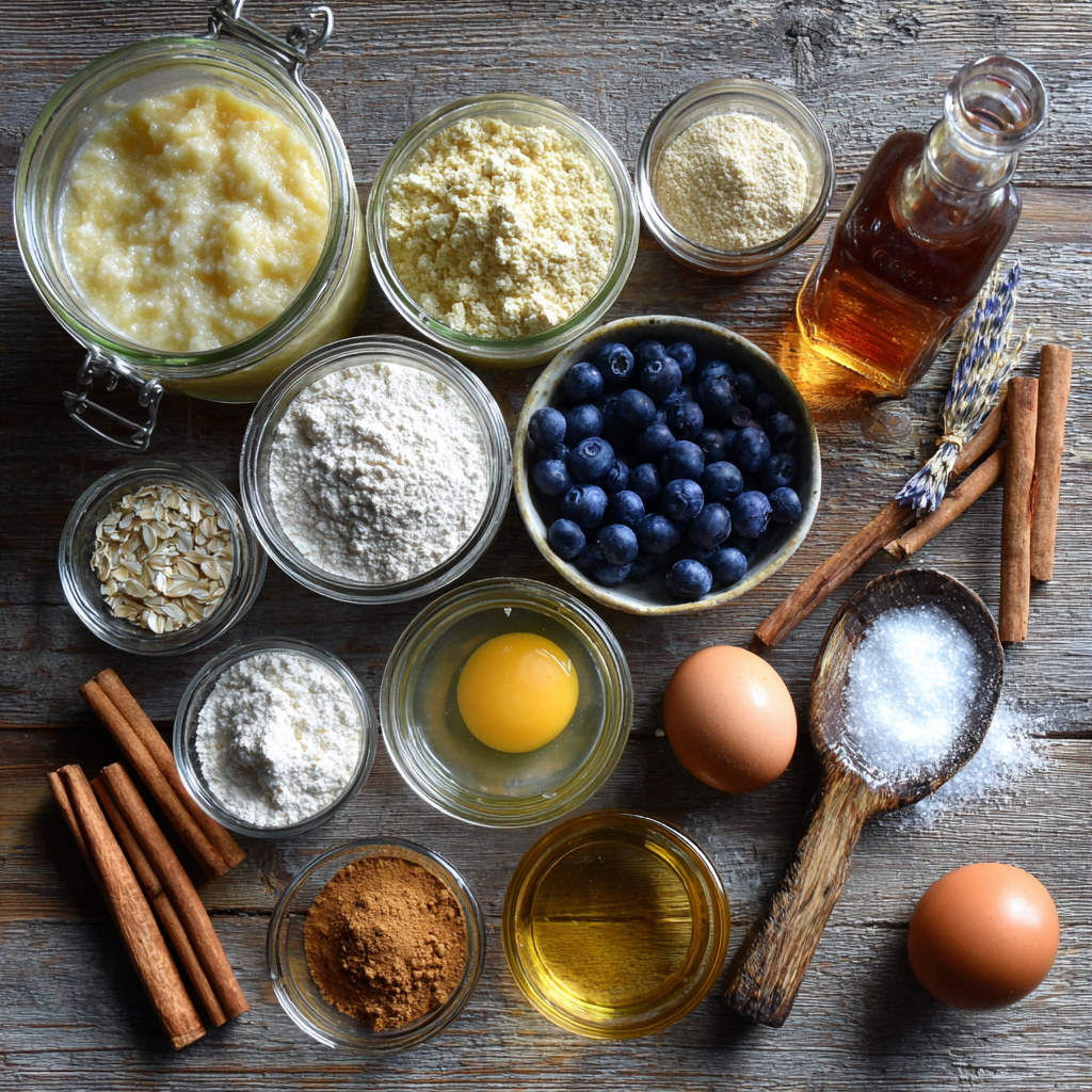 Ingredients for gluten-free sourdough discard muffins, including gluten-free flour and sourdough discard