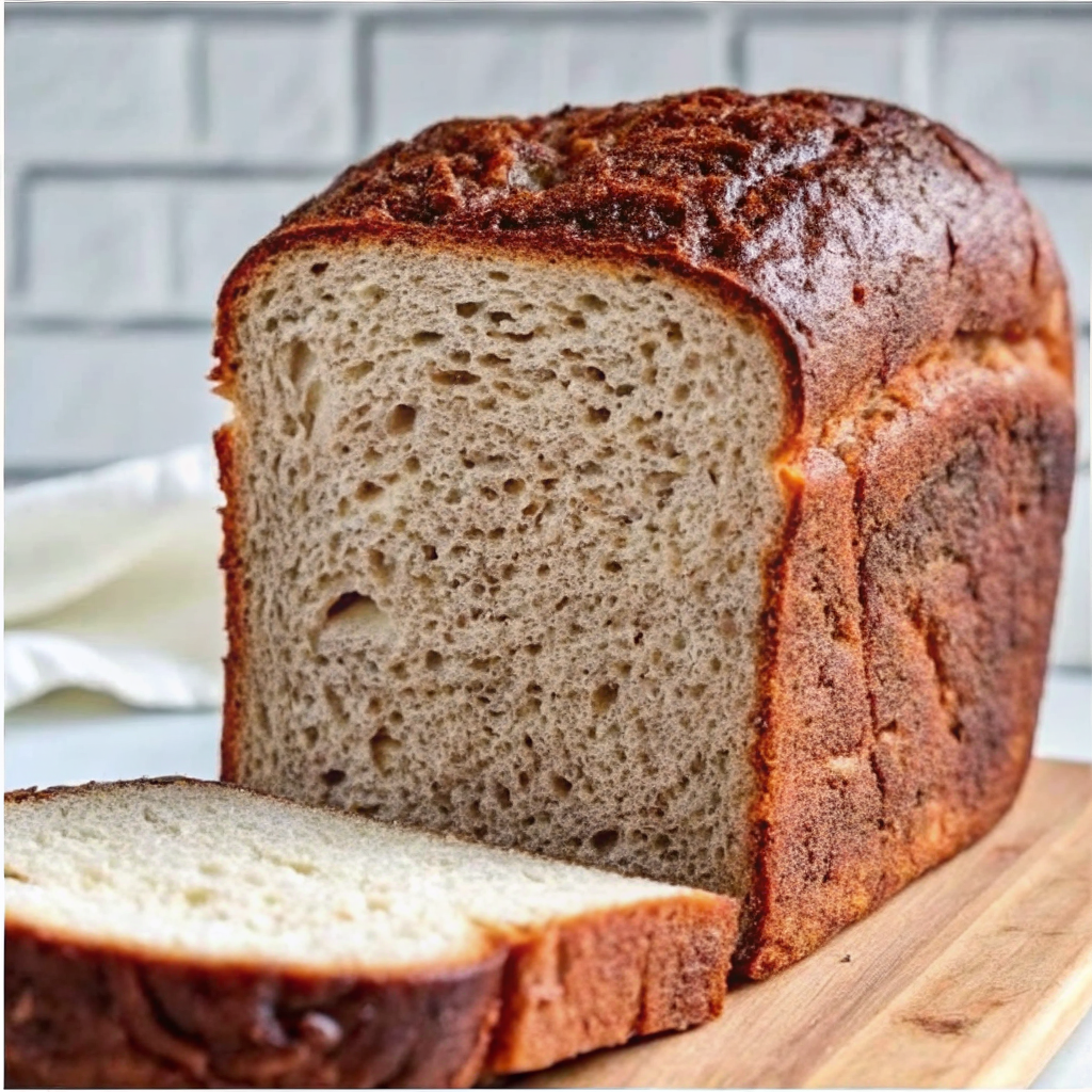 Freshly baked gluten-free sourdough sandwich bread with a golden crust.