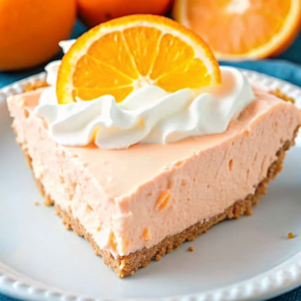 Serving orange jello creamsicle pie with whipped cream