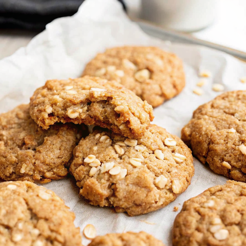 Gluten-Free Sourdough Oatmeal Cookies on a rustic wooden board