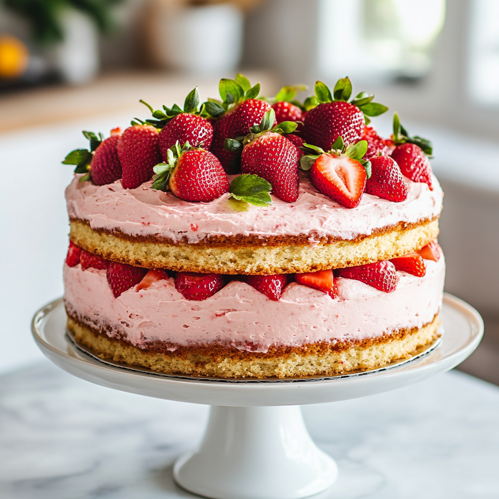 A gluten-free strawberry shortcake cake with two layers of fluffy cake, topped with whipped cream and fresh strawberries, set against a neutral background.