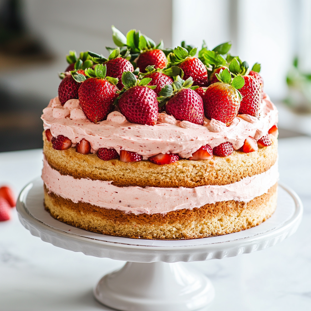 A gluten-free strawberry shortcake cake with two layers of fluffy cake
