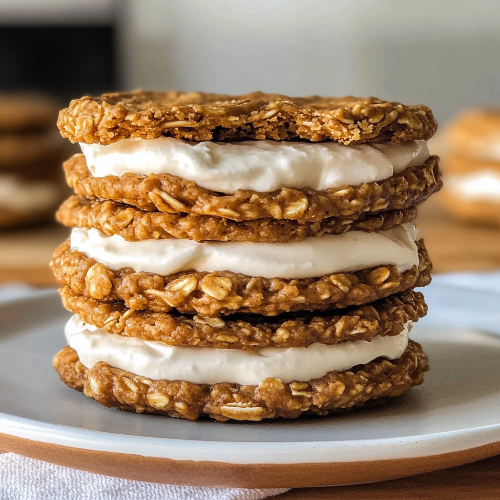 Delicious gluten-free oatmeal creme pies with chewy oatmeal cookies and creamy filling, stacked on a rustic plate