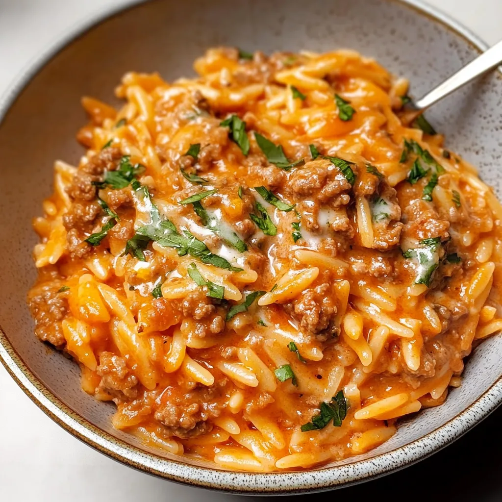 Ground Beef Orzo with Tomato Cream Sauce