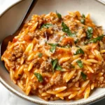 Ground Beef Orzo with Tomato Cream Sauce