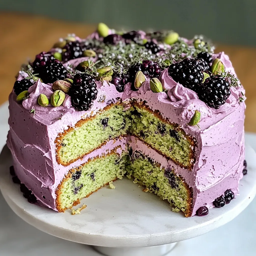 Pistachio Olive Oil Cake with Blackberry Thyme Buttercream