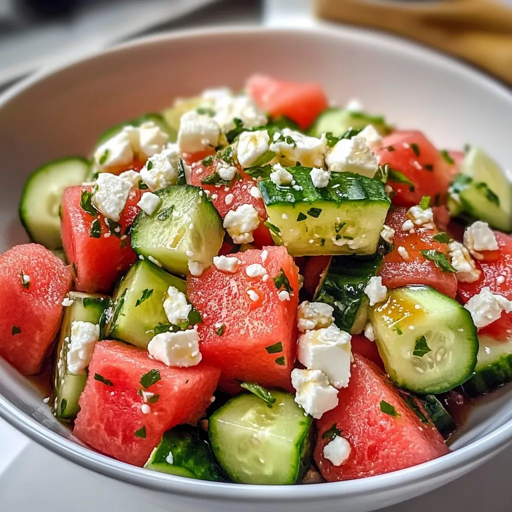Fresh Watermelon Cucumber Salad with Feta & Honey Lime Dressing